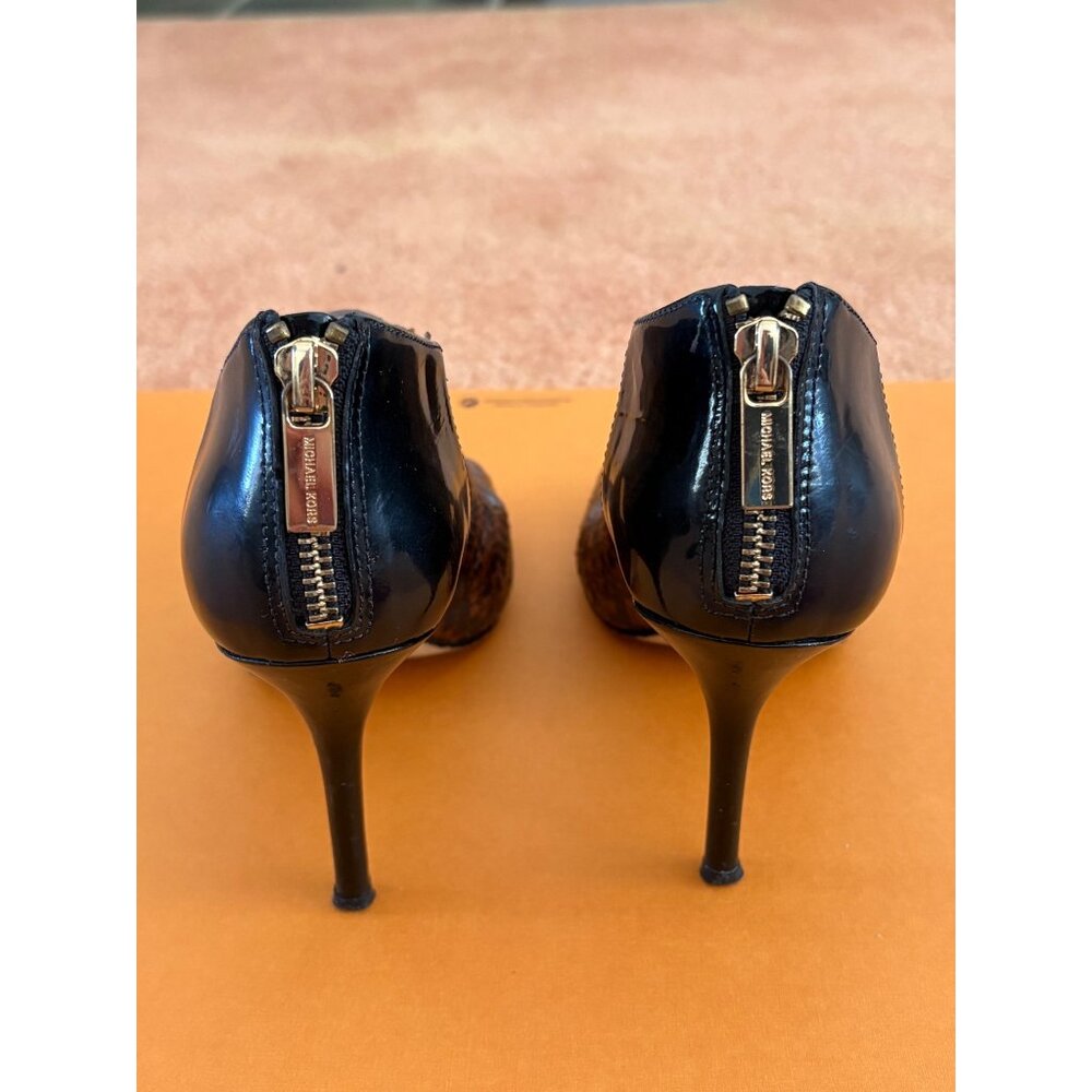 Michael Kors Elena Brown Snakeskin Leather Black Patent Heels Open Toe Sandals 6 - Picture 7 of 14